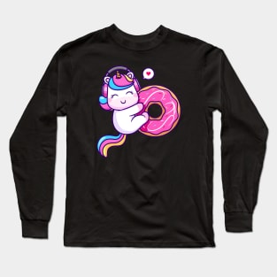 Cute Unicorn Hug Donut With Headphone Cartoon Long Sleeve T-Shirt